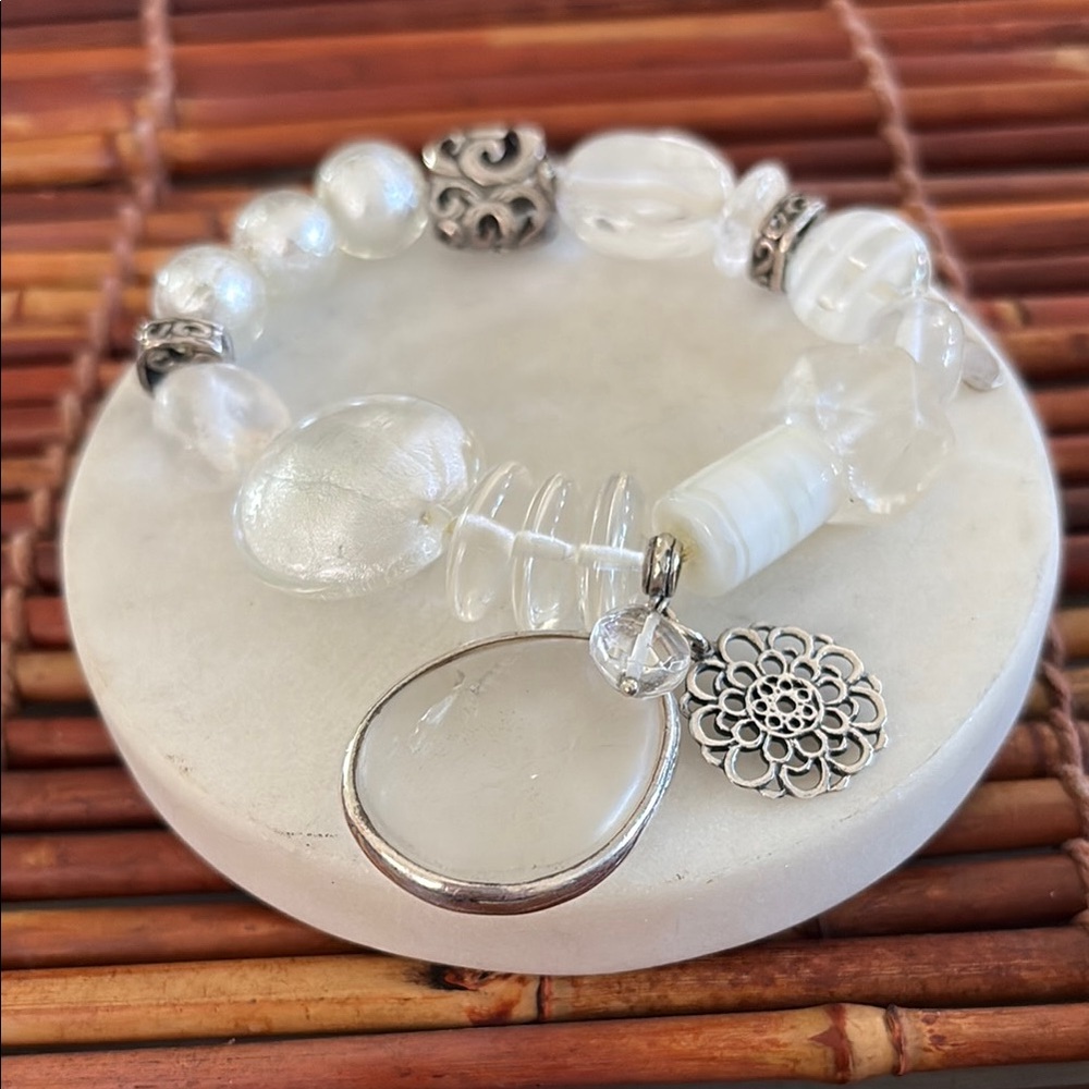 Silpada Silver and White Glass Beaded Stretch Bracelet